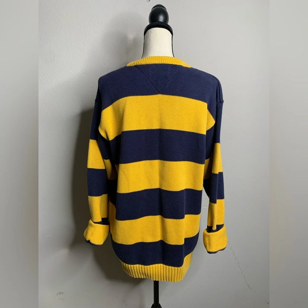 Tommy Hilfiger Vintage Oversized Navy & Yellow Striped Crewneck Pullover Sweater